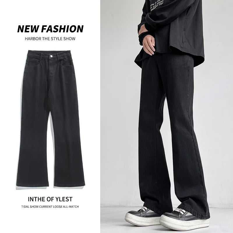 Autumn Vintage Straight Wide Legs BLACK Jeans Men's Streetwear Harajuku Washed Baggy Casual Flare Denim Trousers Y2K Male Pants