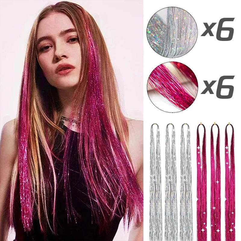 Tinsel Hair Extension 12pcs Glitter Sparkling Shinny Fairy Hair Accessories for Women and Girls for Christmas New Year Halloween