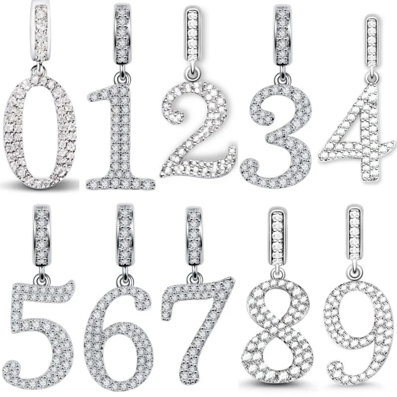 925 Sterling Silver Plated 0-9 Number Dangle Charm Bead Fit Pandora Original Bracelet Necklace DIY Women Jewelry