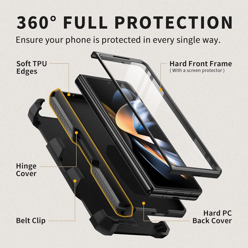 For Samsung Galaxy Z Fold 5 Rugged Shockproof Case with Ring Stand Built-in S Pen Holder rotatable Belt Clip Slide Camera Cover