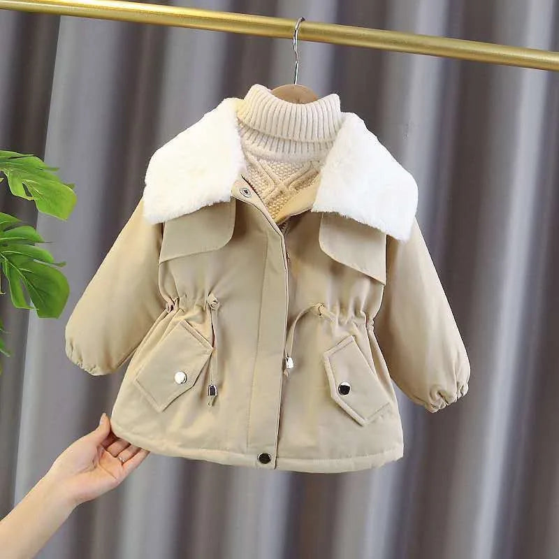 1 2 3 4 5 6 Years Winter Girls Jacket Plus Velvet Keep Warm Windbreaker Coat For Girls Lapel Tighten Waist Children's Clothing