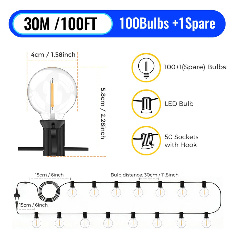 G40 LED Globe String Lights Outdoor, 3-day Delivery, IP65 Plastic Bulbs, Balcony Garland Fairy Lamps for Wedding Christmas Party