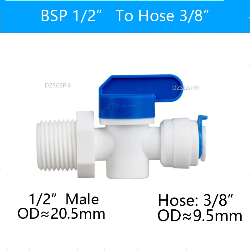 RO Water Straight Plastic Ball Valve 1/4" 3/8" OD Hose Quick Connect 1/4" 3/8" Male 1/2" Female Reveser Osmosis Aquarium Fitting