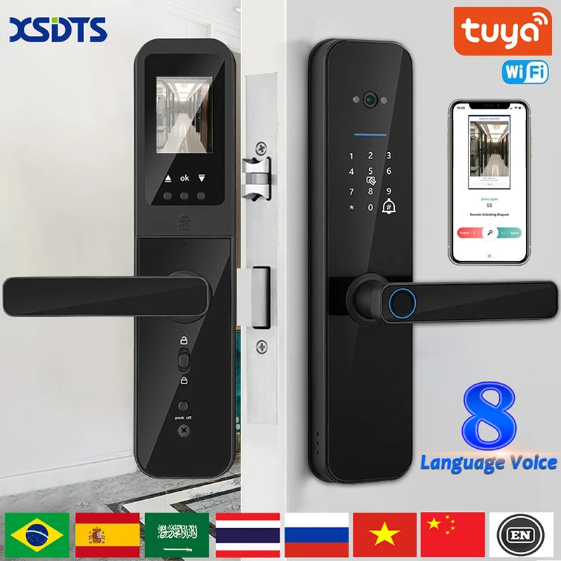 XSDTS Tuya Wifi Digital Electronic Smart Door Lock With Biometric Camera Fingerprint Smart Card Password Key Unlock