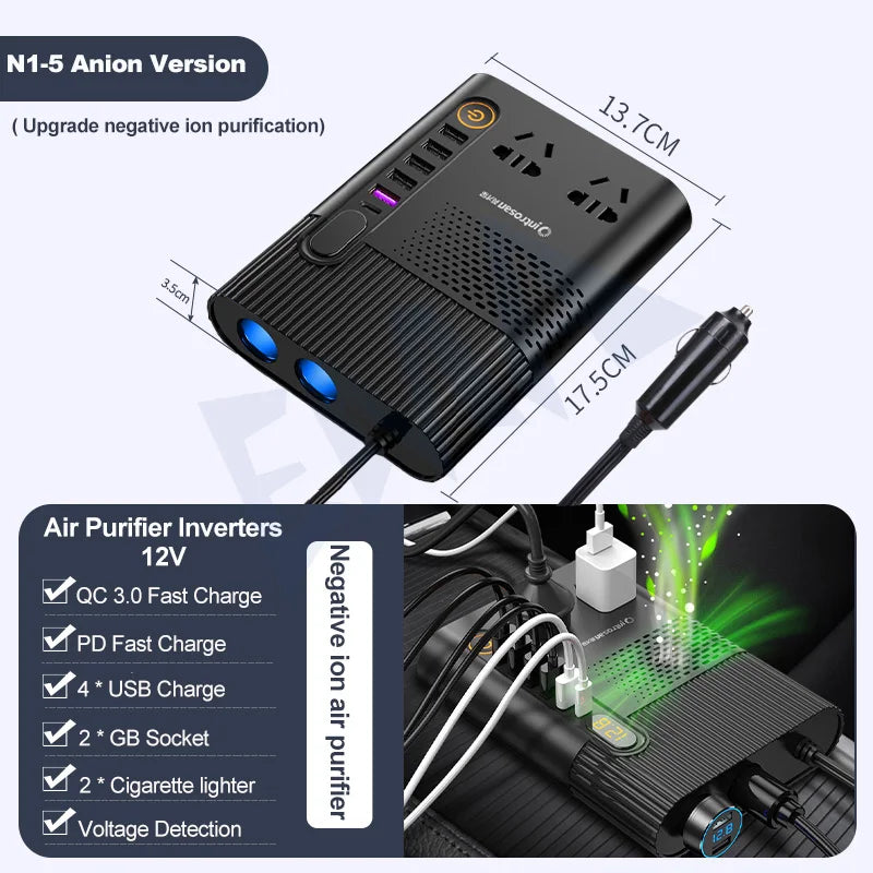 Car Inverter 200W 12V/24V To 220V Cigarette Lighter Power Supply Inverter Adapter with 4-Port USB QC 3.0 Charger Fast Charging