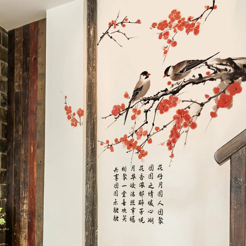 Chinese Style Plum Blossom Birds Wall Stickers Living Room Background Decor Decals Bedroom Home Decoration Self-adhesive Mural