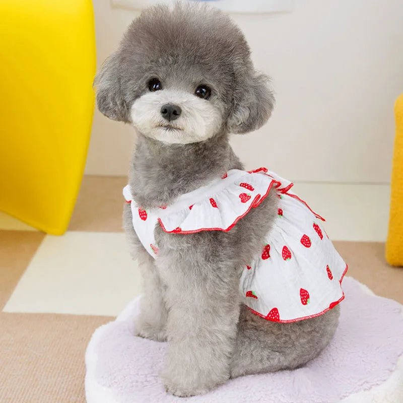 Strawberry Dog Dress Clothes Summer Flying Sleeve V-Neck Bowknot Pet Clothes White Pink Girls Dresses For Small Dogs Yorkshire L