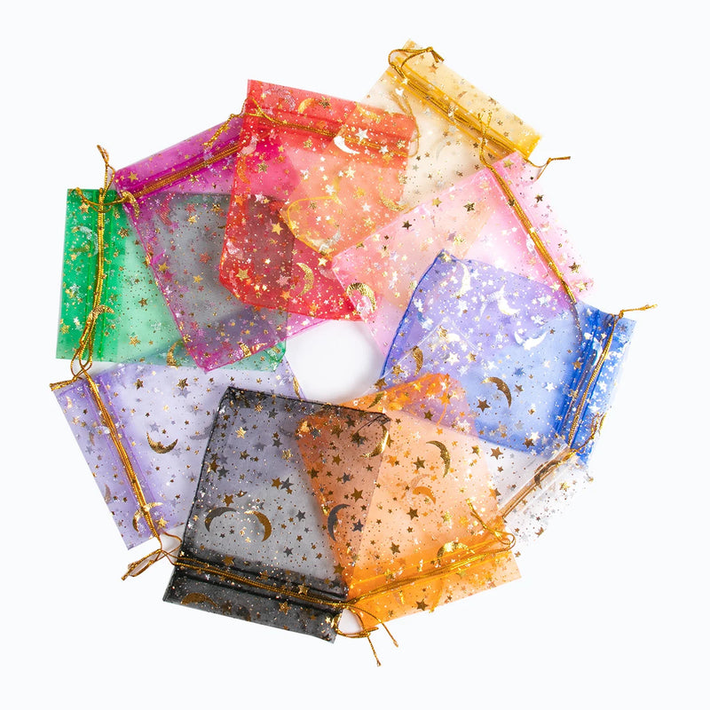 50Pcs Eid Mubarak Decoration Mesh Bag Organza Hot Stamping Silver Star Moon Candy Gift Drawstring Packaging Bag Party Supplies