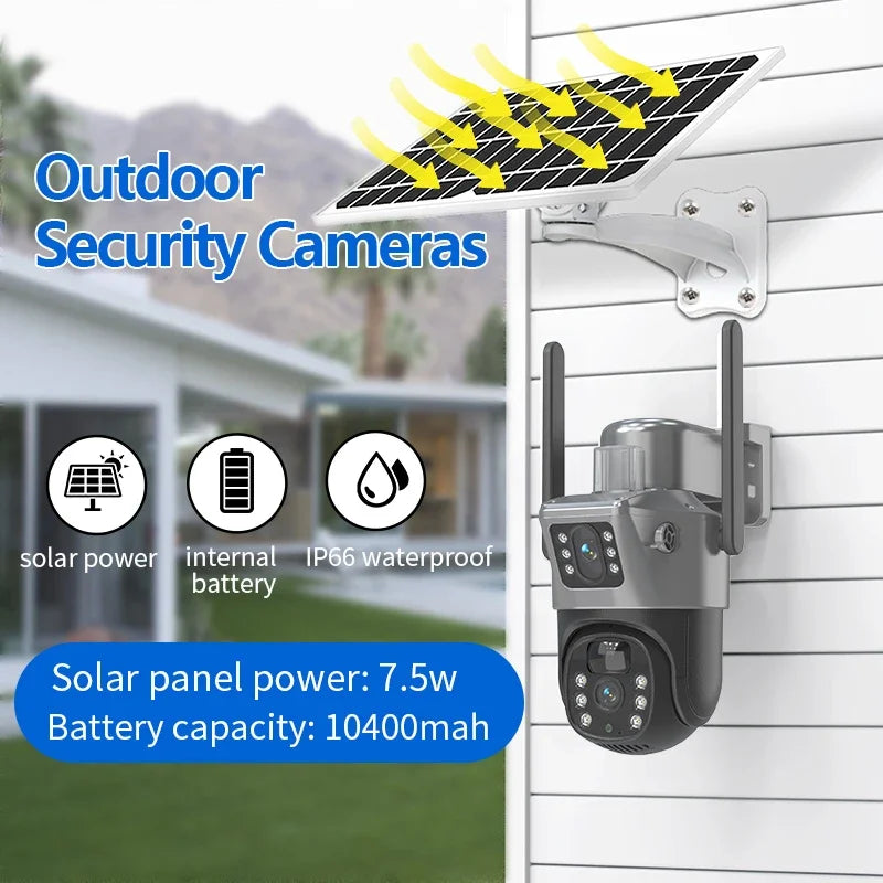 4MP WIFI 4G Wireless PTZ Solar Camera Dual Lens Dual Screen Outdoor IP Camera Solar Panel Audio PIR Security Surveillance Camera