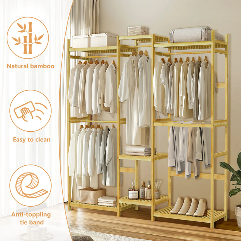 Bamboo Clothes Rack Stand Organizer Multifunctional Garment Rack Clothing Hanging Shelves Open Wardrobe