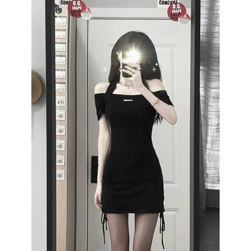 New Black Dress Summer Hanging Neck Strap Dress Sexy Slim Mini Dress Solid Color Dresses 2024 Fashion Hip wrap skirt girl dress