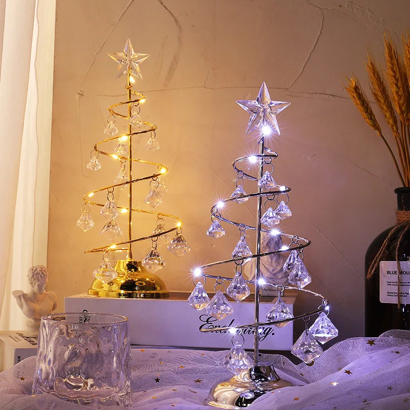 Night Lights Christmas Decorations Gifts Electroplated Iron Tree LED Luminous Crystal Christmas Tree Crystal Table Decoration