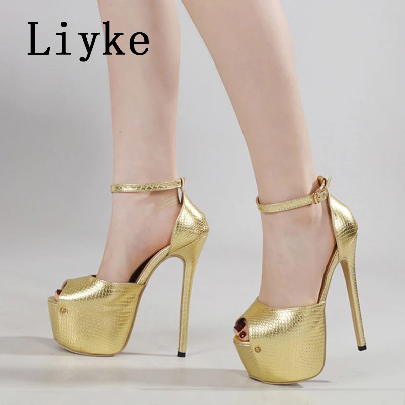 Liyke Elegant Women Wedding Party Prom Shoes Sexy Gold Snake Print Leather Peep Toe Platform High Heels Pumps Sandals Size 35-42