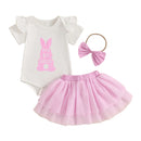Adorable Baby Girl Easter Outfits with Bunny Print Short Sleeve Romper Tulle Skirt and Headband - 3 Piece Set for a Cute