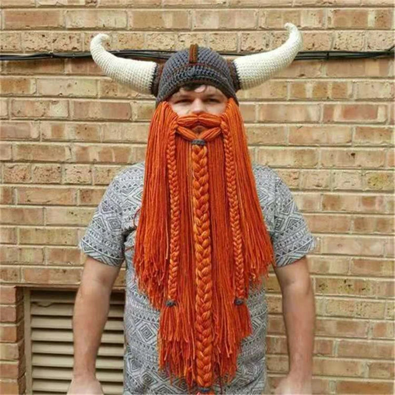 Viking Horn Hat Mask Men Bearded Funny Caps Winter Hand Weave Men Christmas Cosplay Party Funny Tricky Headgear Warm Beanie Caps