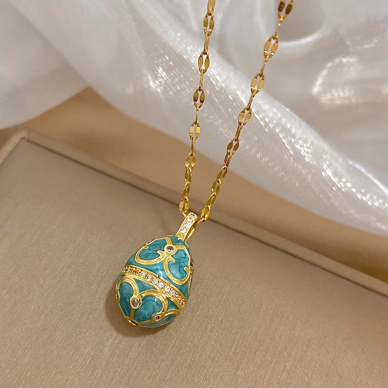 Greatera Colorful Enamel Easter Egg Pendant Necklaces for Women Guilloche Locket Egg Gold Plated Chain Necklaces Party Jewelry