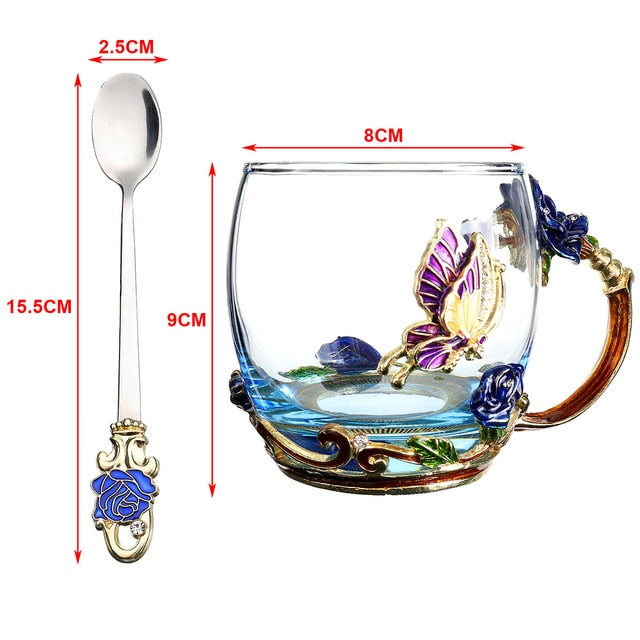 Enamel Transparent Glass Coffee Tea Mug Blue Roses Heat-Resistant Cup Set with Stainless Steel Spoon Coaster and Wipe Cloth