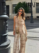 TRAF Women Fashion Casual Backless Tie-Dye Top Set Vintage Neck Tie-Dye V-Neck Top Elegant Drawstring High-Waisted Wide-Leg Pant