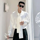 IEFB Korean Fashion Men's Shirt Bow Tie Design Loose Simple Fresh Long Sleeve Casual 2024 Spring Solid Color Male Tops 9C5081