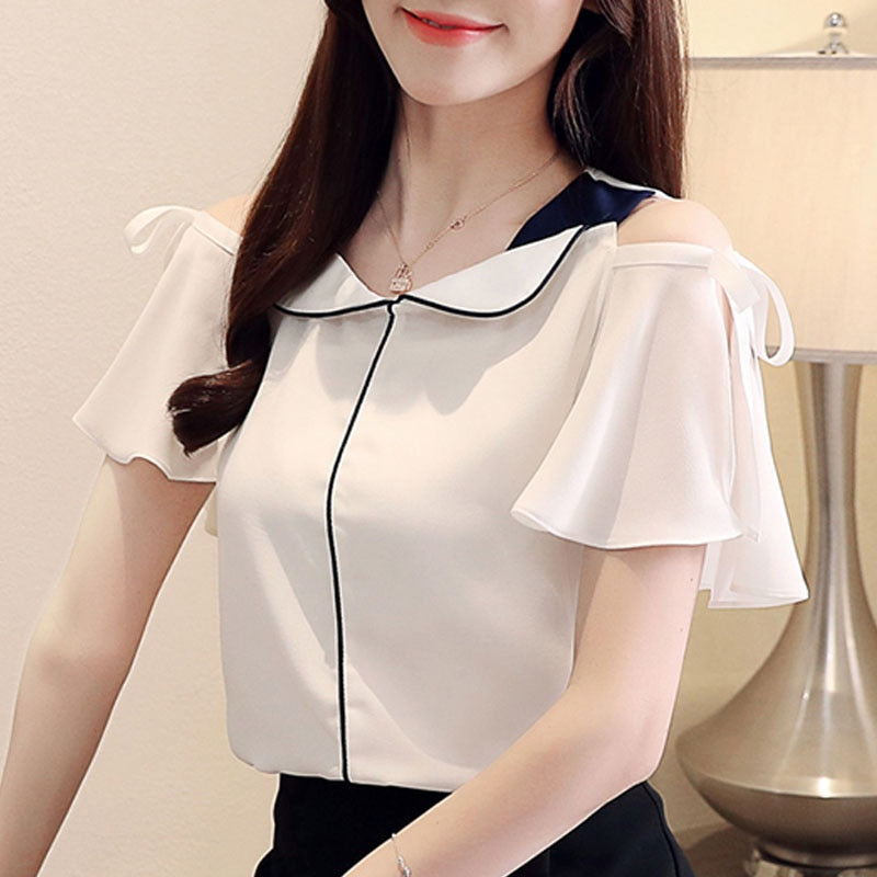 Fashion Women Blouse And Tops 2023 White Blouse Shirts Ladies Tops Chiffon Shirts Chiffon Blouse V-Neck Flare Sleeve 3630 50