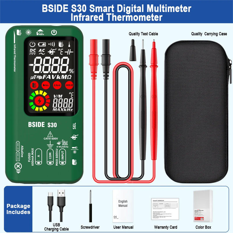 BSIDE S30 Digital Multimeter Infrared Temperature Measurement 15V Diode LED Tester DC AC Voltage Rechargeable Smart Tester DMM