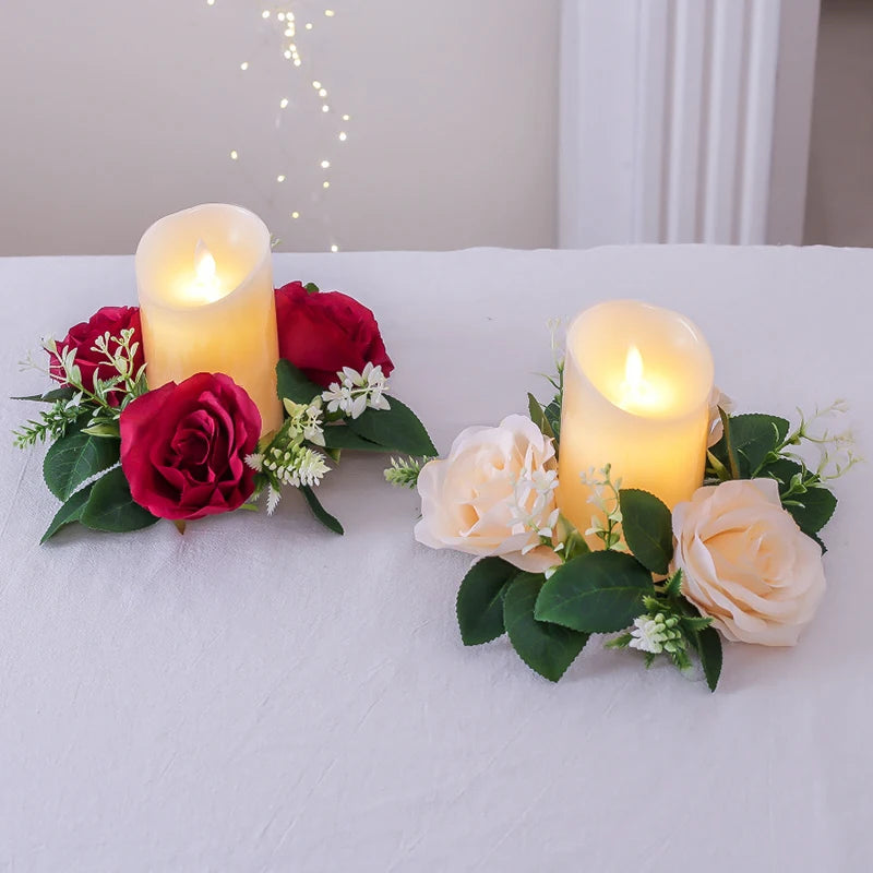 Wedding Candlestick Wreath Artificial Roses Candle Rings Wedding Table Decoration Silk Artificial Garland for Candle Home Decor