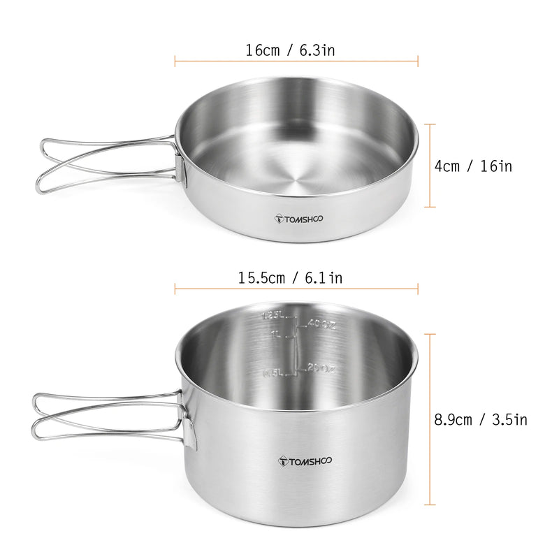 Tomshoo 2pcs Camping Cookware Set Stainless Steel Pot Pan Cooking Set with Foldable Handles Mesh Carry Bag Camping Kitchenware