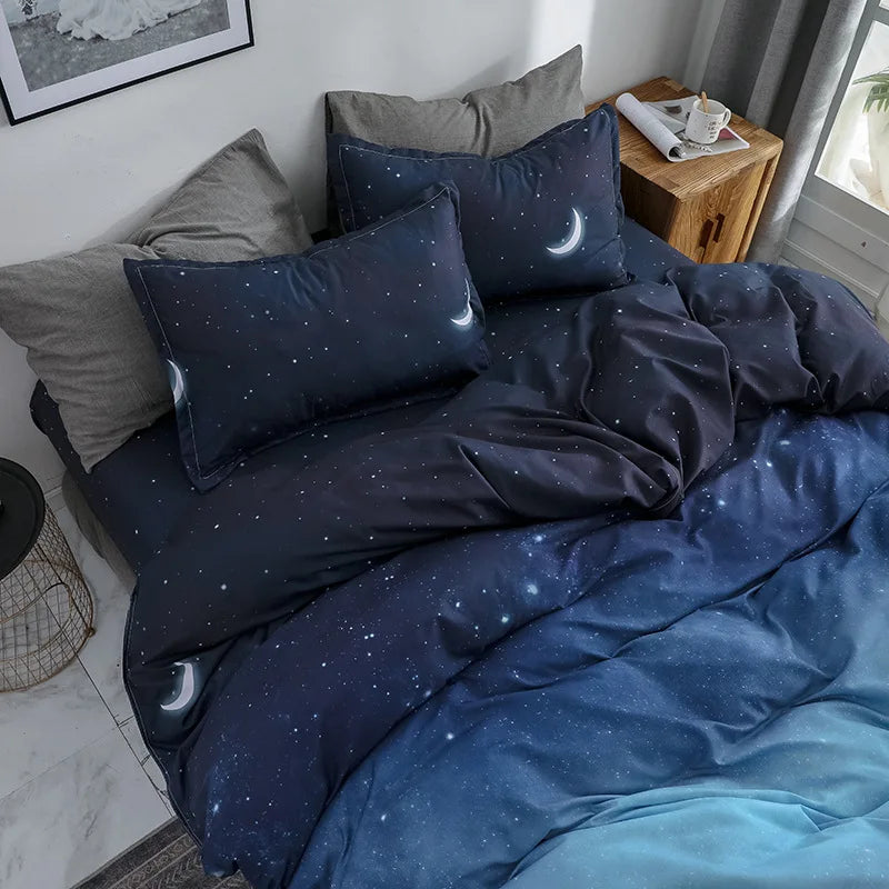 Night Starry Sky Bedding Set Galaxy Moon and Star Duvet Cover Blue Gradient Color Comforter Cover Soft Reversible Quilt Cover
