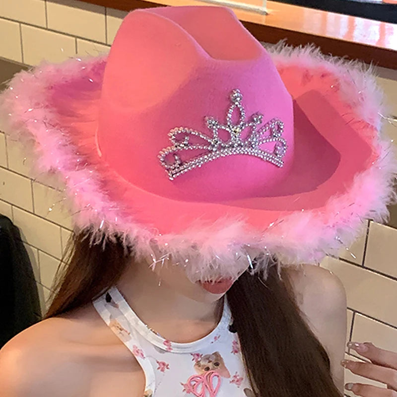 Women's Pink West Cowgirl Hat Girls Tiara Feather Felt Western Sequin Cowboy Cap Costume Party Dress Jazz Caps Cosplay Props