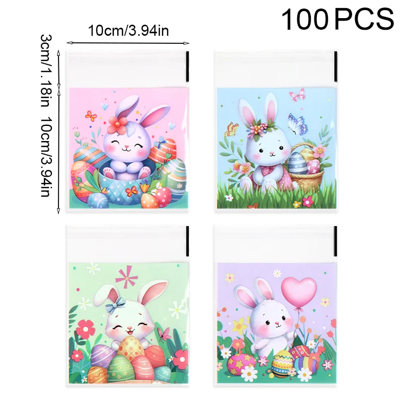 50/100pcs Easter Gift Bags Easter Candy Cookie Bags Rabbit Eggs Dessert Gift Packaging Pouches 2025 Happy Easter Party Supplies