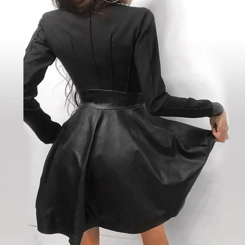 Fashion Women Lace Long Sleeve Zipper Pocket Large Hem Faux Leather Mini Dress