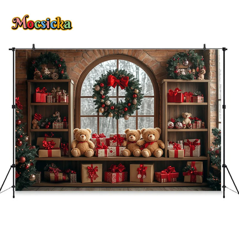 Christmas Toy Bear Gift Room Background Photography Kids Baby Show Wooden Bookshelf Window Backdrop Winter Xmas Tree Gift Booth