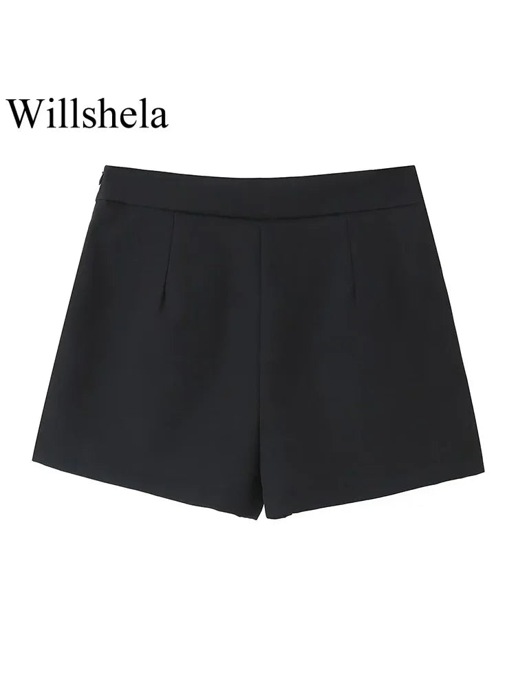 Willshela Women Fashion Solid Side Zipper Asymmetrical Mini Skirts Shorts Vintage High Waist Female Chic Lady Shorts