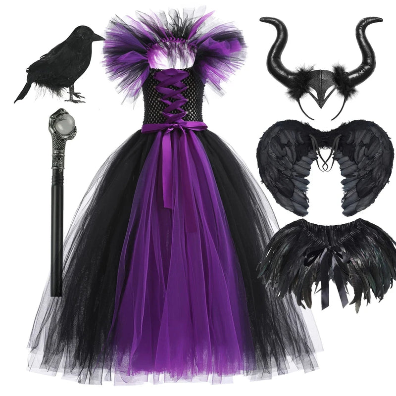 Girls Evil Witch Halloween Costume Cosplay Dress Deluxe Children Fancy Christening Black Gown Tutu Kids Demon Queen Witch