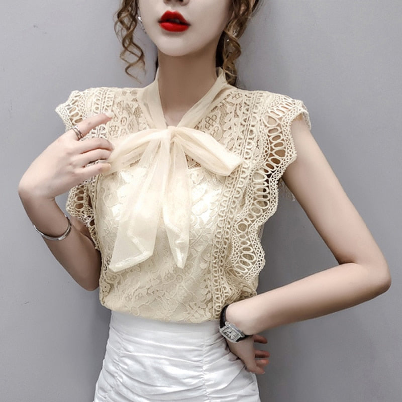 Solid Hollow Out Shirt Korean Fashion Clothing Vintage Sleeveless 2023 Womens Tops and Blouses Lace Patchwork Blusas 9811