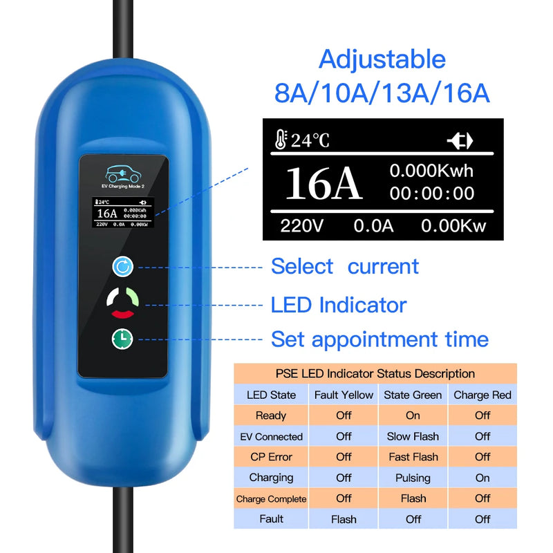 Kolanky EV Charger 16A 11KW Type 2 IEC-62169 Plug Adjust Current Timer Charging For Hybrid Eletric Vehicle Cars 5M Cable