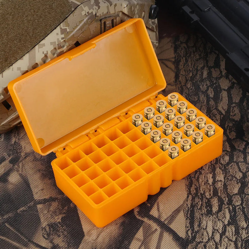 50 Rounds Tactical Ammo Box 9mm Pistol Rifle Ammo Bullet Carry Storage Box Flip-Top Cartridge Storage Case Hunting Accessory