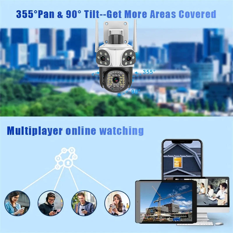 8K 15MP Outdoor WiFi Camera Motion Tracking Three Len Screens 4X Zoom PTZ Video Cam Security Protection CCTV Surveillance Camera