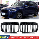 Double Line Car Front Bumper Kidney Grilles Compatible with BMW X1 F48 F49 2016 2017 2018 2019 Racing Grille Glossy Black 1 Pair
