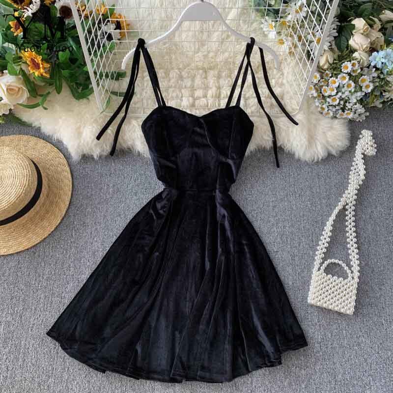 YuooMuoo Elegant Vintage Gothic Spaghetti Strap Dress 2022 Early Fall Basic Women Short Party Dresses Slim High Waist Mini Dress