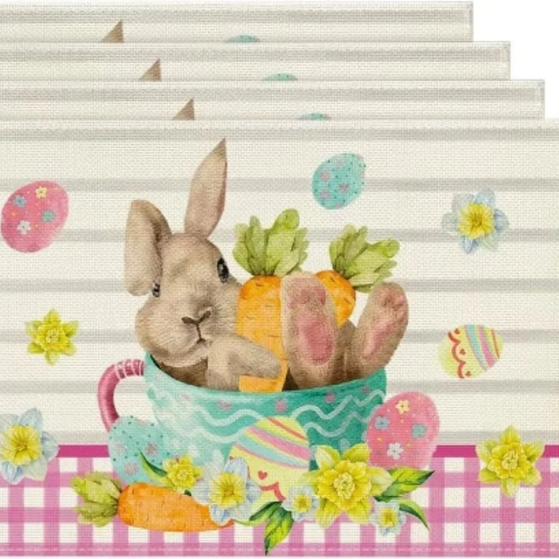 2024 Easter Rabbit Table Runner Linen Bunny Dining Table Cloth Placemat Spring Holiday Happy Easter Decoration For Home Kitchen