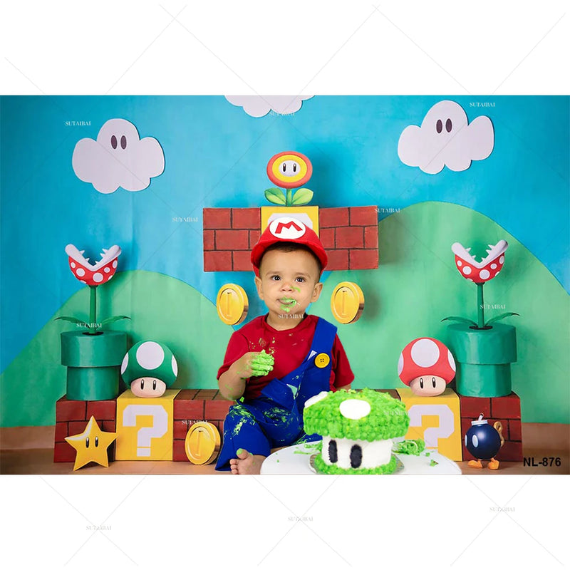 Boys Birthday Video Game Backdrop Mushroom Gold Coin Bricks Super Brother Adventure Baby Shower Party Photography Background