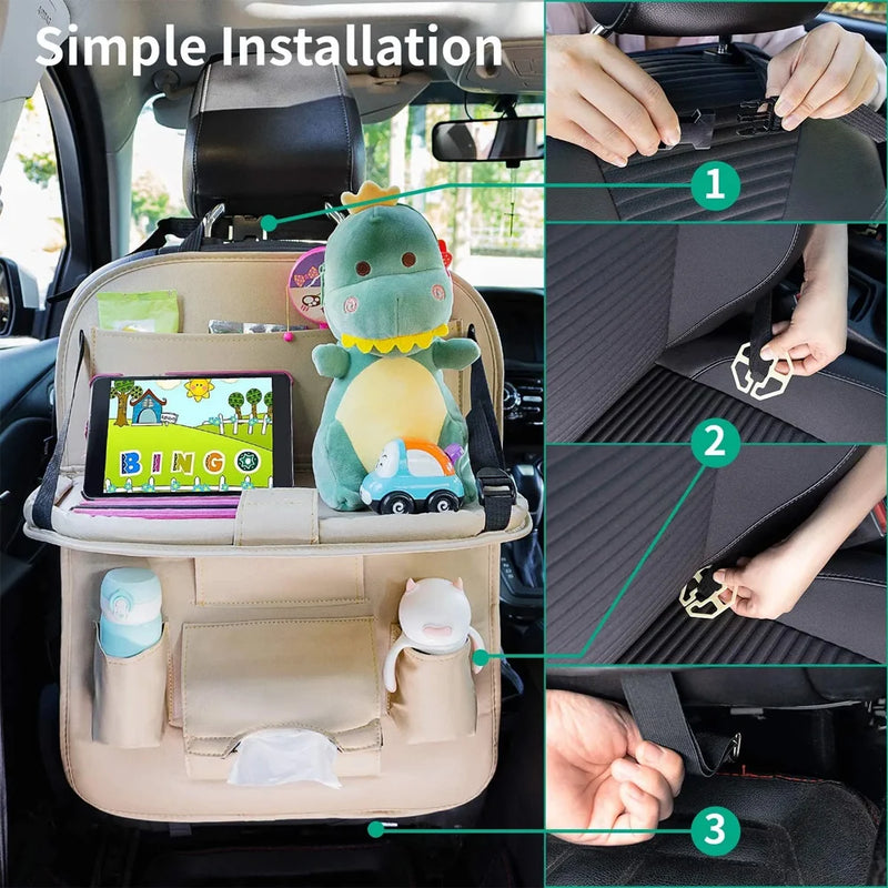 Car seat backrest organizer PU leather storage bag with foldable tray tablet computer bracket tissue box seat accessories