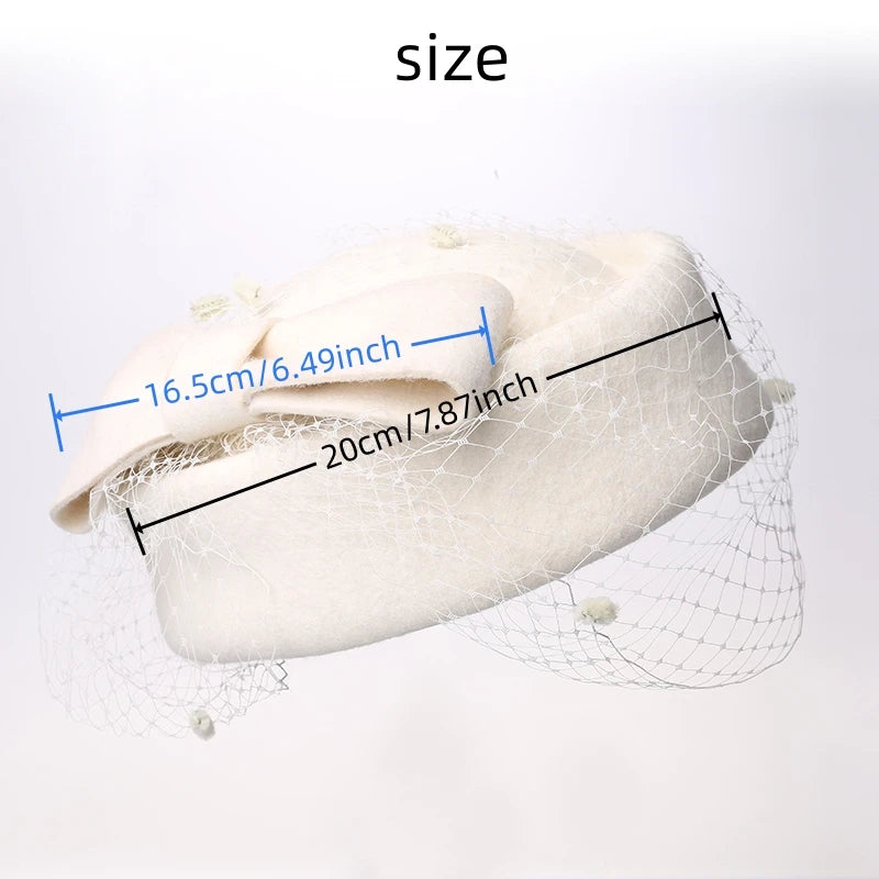 100% Wool Fashion Cashmere Top Bow Hat with Veil Photography Cocktail Tea Party Decoration Autumn Winter Hat