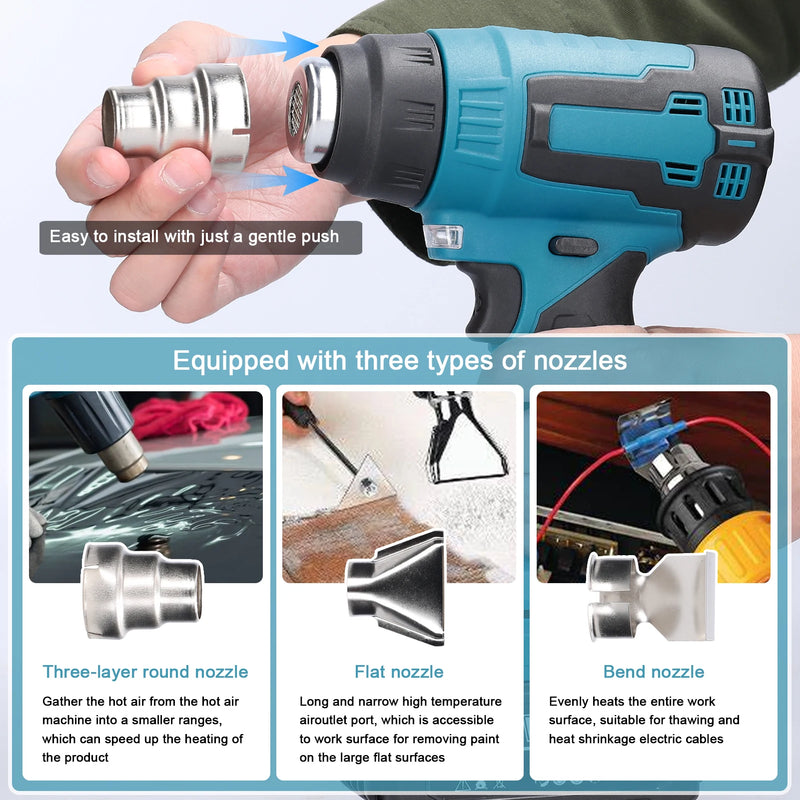 Cordless Handheld Hot Air Heating Machine Lithium Rechargeable Heating Equipment High Temperature Power Tool with 3 Nozzles
