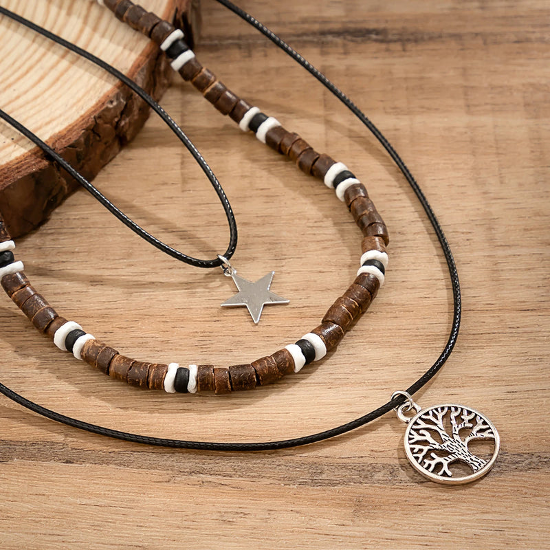 Small Wood Beads and Rope Chain with Stars/Tree Pendant Necklace Men Trendy Beaded Chain on Neck Accessorie 2023 Fashion Jewelry