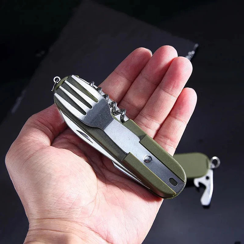 Camping Folding Picnic Cutlery Knife Portable Stainless Steel Army Green Fork Spoon Bottle Opener Flatware Tableware Travel Kit