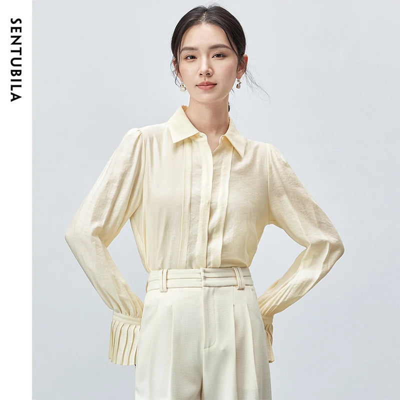 SENTUBILA Office Lady Long Sleeve Shirt Women 2025 Autumn Fall Fashion Pleate-detail Sleeve Button Up Shirts & Blouses 143C55634