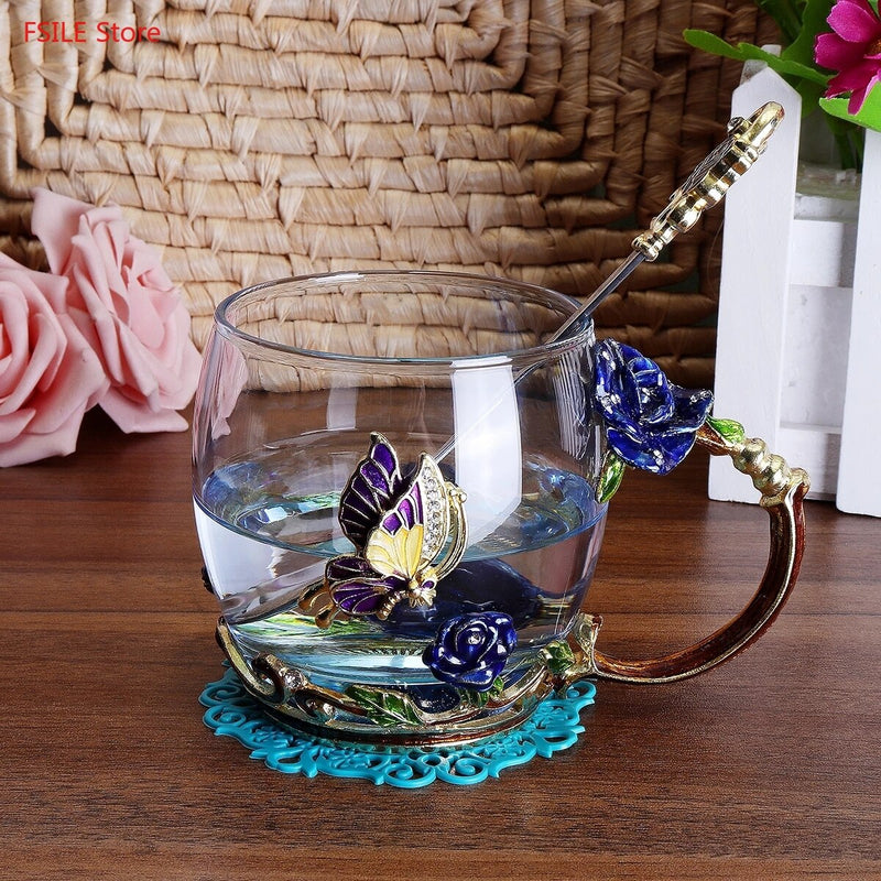 Beauty And Novelty Enamel Coffee Cup Mug Flower Tea Glass Cups for Hot and Cold Drinks Tea Cup Spoon Set Perfect Wedding Gift