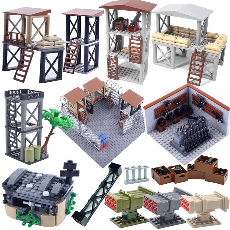 Military MOC Sentry Building Block Soldier Sandbag Fence Cannon Shell Barbed Wire Weapon Rack Training Field Watchtower Toy K018